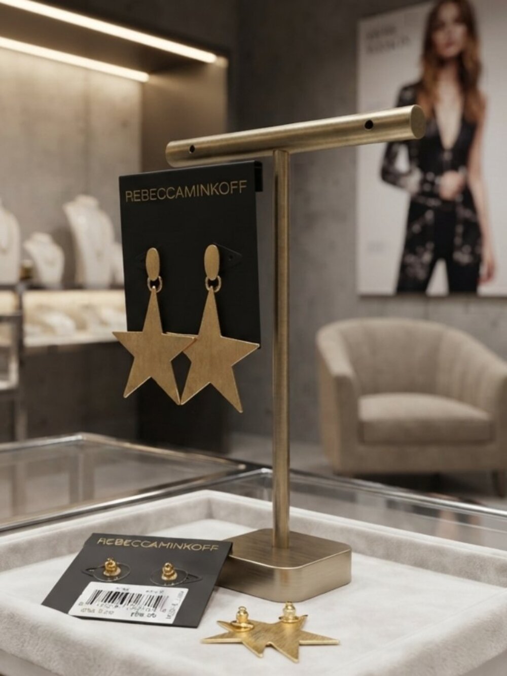 Rebecca Minkoff Gold Star Dangle Drop Earrings 2" Hammered Finish